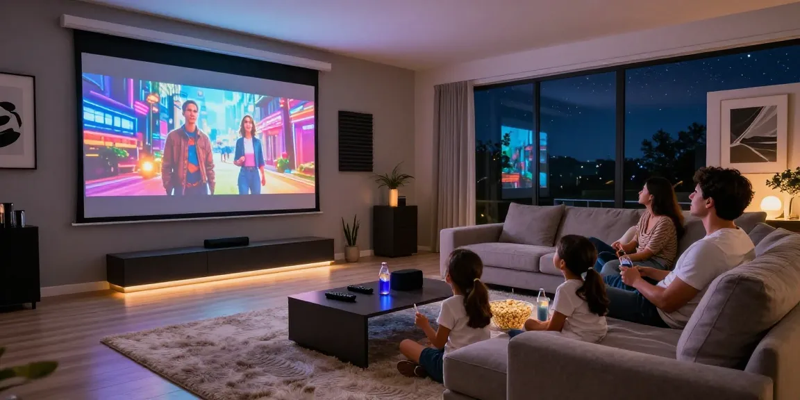 Family enjoying a movie in a cozy modern home theater setting, showcasing the best projector 2026.
