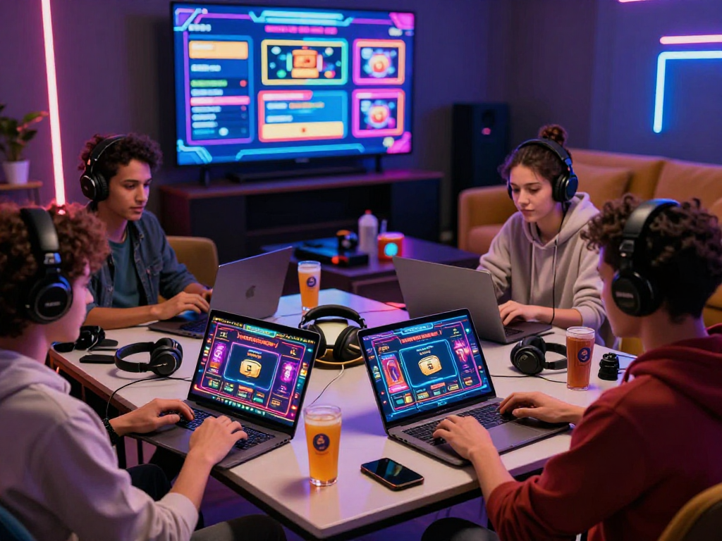 Engaging crypto casino atmosphere with friends enjoying online gaming on laptops in a modern lounge.
