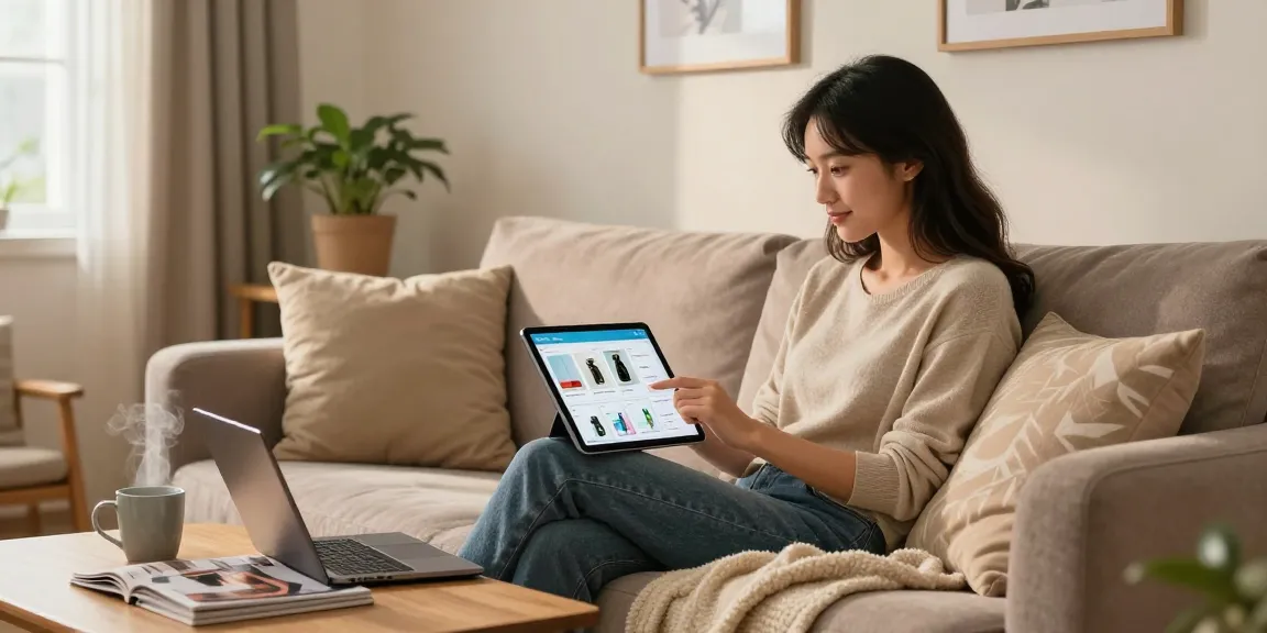 Browse the catalog of stylish products from the comfort of home with a cozy scene.
