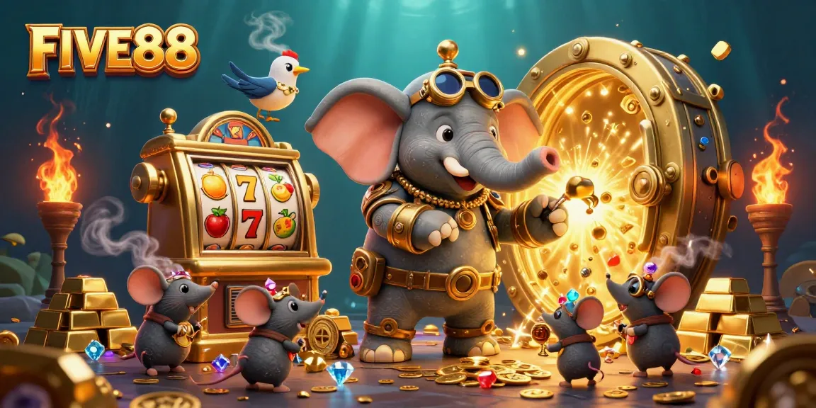 Engage with the thrilling atmosphere of FIVE88 through this vibrant 3D steampunk casino scene.