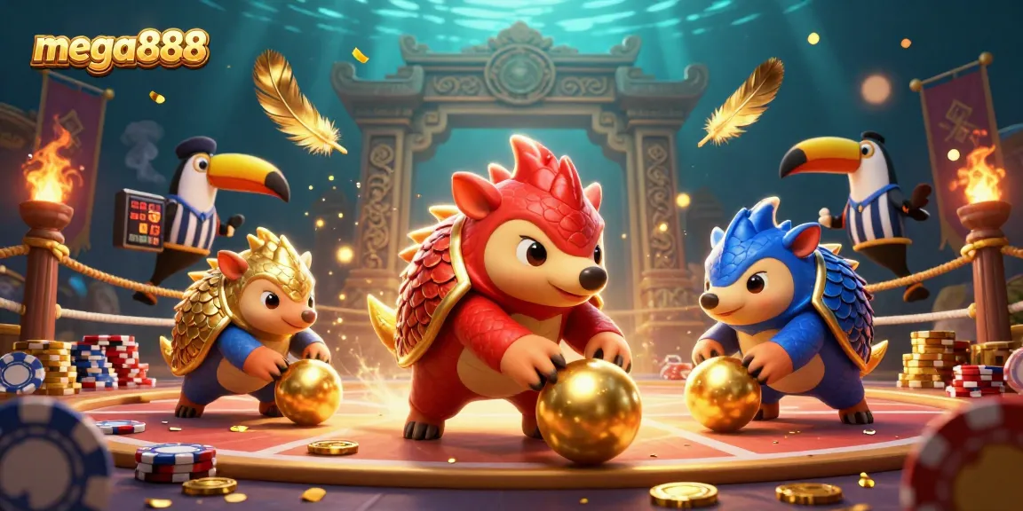 Experience thrilling mega888 action with rival pangolins rolling into golden balls and bowling through poker chips.