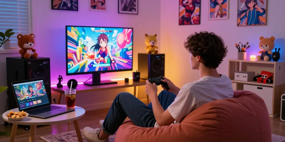 Engaging scene of a player enjoying a hentai game online in a cozy gaming setup.