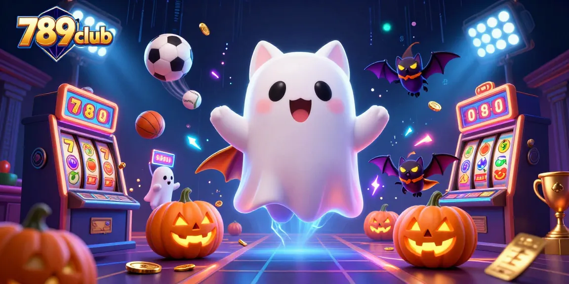 Play thrilling games at 789club with a ghost cat and vampire bat in a vibrant casino.
