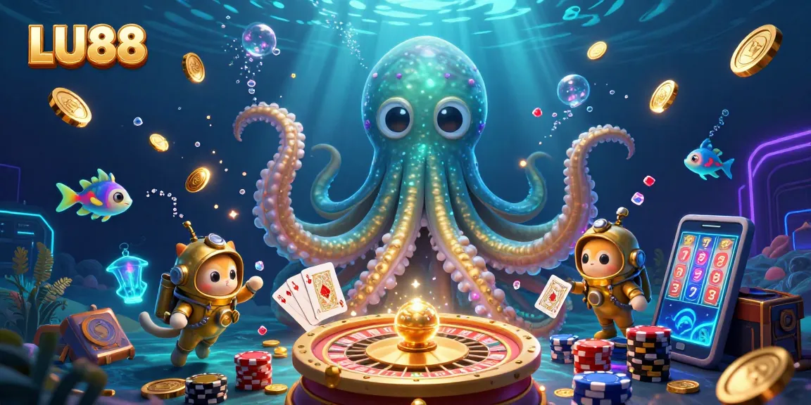 Engage with LU88's vibrant 3D casino scene featuring kraken, diving cat, and dynamic gambling elements.